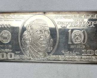 4oz Troy Silver Bar $100 Bill Yr. 2000 Solid .999
