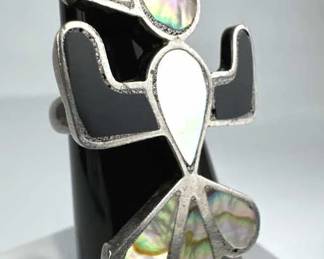 925 Silver Abalone & Onyx Inlaid Thunderbird Ring