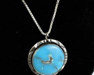 925 Silver Round Turquoise Pendant Necklace