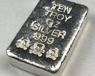 10oz Troy Silver Bar .999 Fine, Pirate Skulls