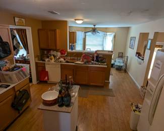 Pyrex, Tupperware, Kitchen Island, cookbooks, cookware, bakeware, vases