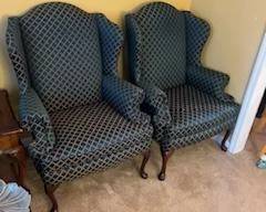 Wing back chairs, green & gold 