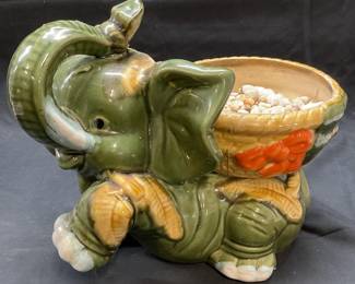 Vintage Green Ceramic Elephant Planter

