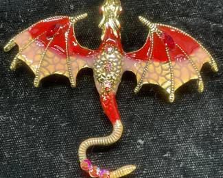 Gold Tn Enamel Crystal Dragon Brooch Pendant
