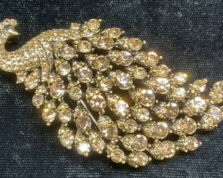 Gold Tone Crystal Peacock Brooch, 3 inches
