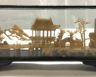 Hand Carved Cork Chinese Pagoda Diorama W Case
