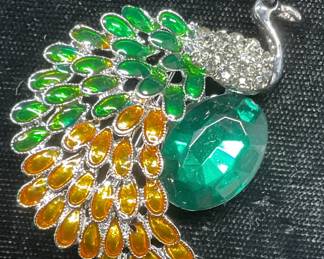 Green & Gold Crystal Peacock Brooch
