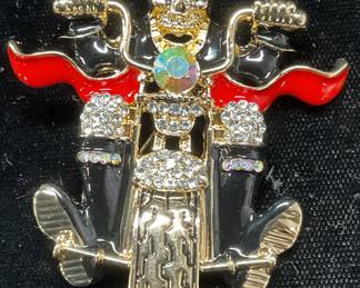 Crystal Enamel Skeleton Biker Brooch
