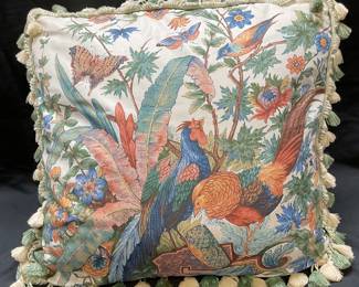 Green & Red Bird Print Tassel Trim Pillow
