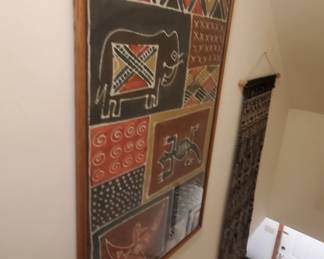 Kenyan batik painting wall hanging on cotton framed