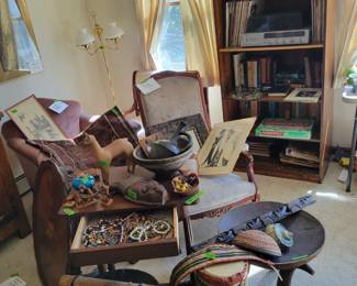 African drums, stools, Indonesian bamboo instruments, beads, Victorian rocker, 