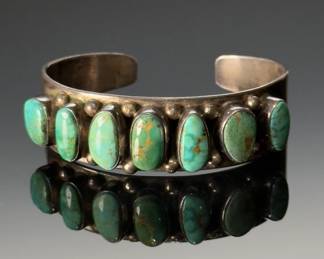 Navajo Eddie Chee Sterling Silver & Turquoise Cuff Bracelet Native American Jewelry 
