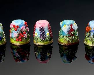Lot of 5 Crystal Lampwork Glass Thimbles Artist Studio Glass 