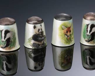 Lot of 4 James Swann & Son Silver and Enamel Animal  Thimbles Badger Fox Panda 