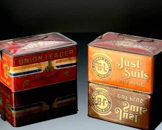 Lot of 2 Vintage Tin Litho Tobacco Tins Can Union Leader Cut Plug  Just Suits 