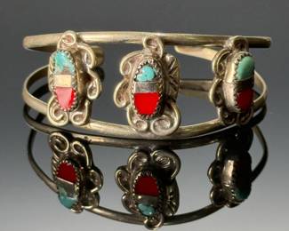 Vintage Navajo Turquoise Red Coral & Silver Cuff Bracelet Native American Jewelry 