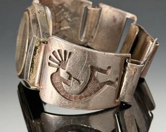 Vintage Navajo/Hopi Silver Overlay Kokopelli Watch Tips Signed Native American Jewelry 