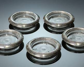 5pc Vintage Sterling Silver and Crystal Sunflower Coasters