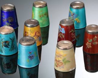 Lot of 9 James Swann & Son Silver and Enamel Flower Thimbles 