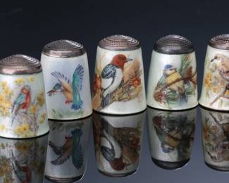 Lot of 12 James Swann & Son Silver and Enamel Bird Thimbles 