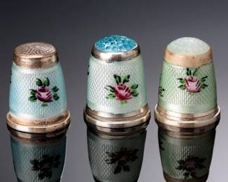 Lot of 3 Germany Silver & Enamel Floral Thimbles  
