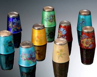 Lot of 9 James Swann & Son Silver and Enamel Flower Thimbles 