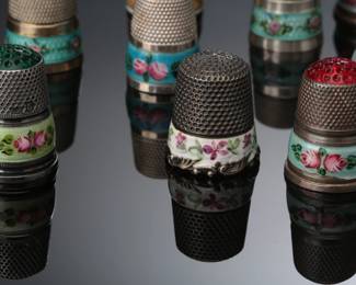 Lot of 11 Enamel Floral Band Silver Thimbles