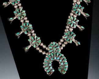 Vintage Zuni Turquoise & Silver Squash Blossom Necklace Native American Jewelry 