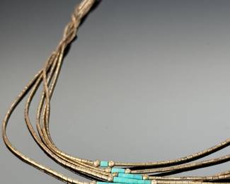 Vintage Native American Liquid Silver & turquoise Bead 5-Strand Necklace 