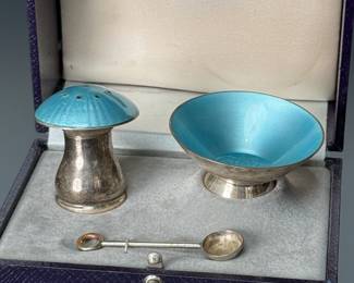3pc Egon Lauridsen Vintage MCM Ela Denmark Sterling Silver Blue Guilloche Enamel Salt & Pepper Set in Box