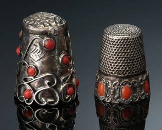 Lot of 2 Vintage Mexico Coral & Sterling Silver Thimbles 