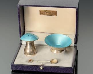 3pc Egon Lauridsen Vintage MCM Ela Denmark Sterling Silver Blue Guilloche Enamel Salt & Pepper Set in Box
