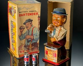 1960s Vintage Charlie Weaver Bartender Battery Powered Roscoe Toys Vintage Japanese Tin Toy In Original Box