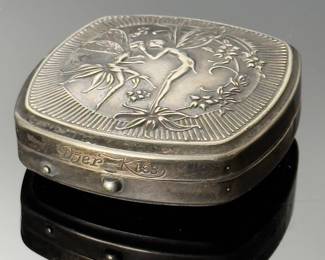 Antique 1920’s Djer Kiss Silver Compact w/ Double Mirror Powder & Rouge Art Nouveau