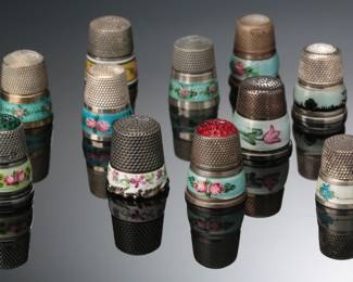 Lot of 11 Enamel Floral Band Silver Thimbles