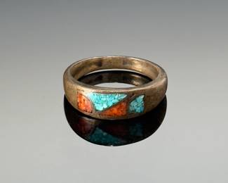 Vintage Native American Chip Inlay Turquoise & Coral Silver Ring 