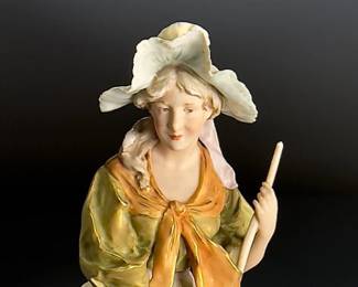 Antique Royal Dux Porcelain Figurine  Woman with Rake 