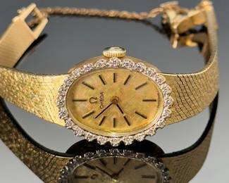 14k Gold & Diamond Halo Omega Ladies Watch 1070 Movement 