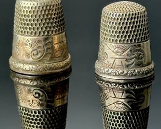 Lot of 2 Antique Simons Brothers Sunshine Over Mountain Lake Thimbles Sterling Silver 