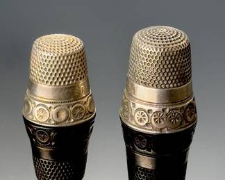 Lot of 2 Simons Sterling Two Band Thimble w/ Rosettes or Wagon Wheels
