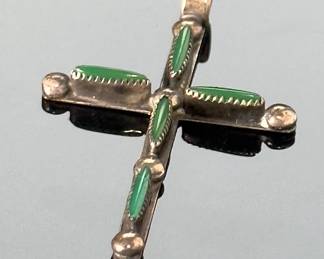 Vintage Zuni Bryant Waatsa Jr. Turquoise & Silver Cross Pendant Native American Jewelry 