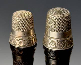 Lot of 2 Simons Sterling Two Band Thimble w/ Rosettes or Wagon Wheels