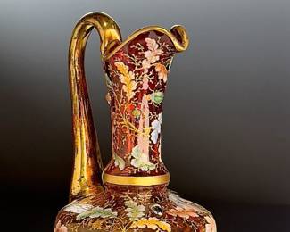 Antique LARGE Moser Glass Acorn & Oak Leaf Birds & Insects Enameled Gilt Pitcher Bohemian