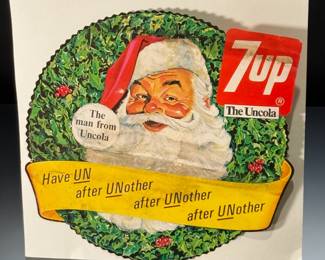 Vintage 7UP The Uncola Double Sided Christmas Santa Cardboard Sign