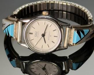Zuni T&J Inlay Turquoise MOP Inlay Watch Tips Ladies Native American Jewelry 