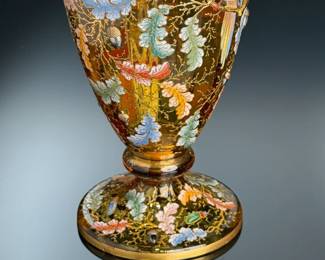 Antique LARGE Moser Glass Acorn & Oak Leaf Birds & Insects Enameled Gilt Pitcher Bohemian