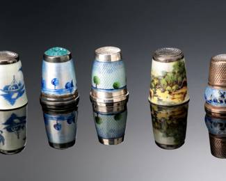 Lot of 5 Silver & Enamel Windmill Scene Thimbles 
