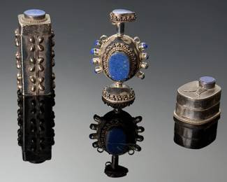 3pc Afghan Sterling Silver & Lapis Lazuli Snuff Bottle/Pill Box/Container
