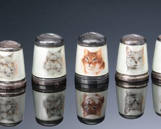 Lot of 10 James Swann & Son Silver and Enamel Cat Thimbles 