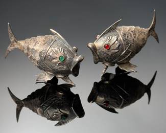 Lot of 2 Vintage Chinese Articulated Fish Silver Salt & Pepper Shakers 